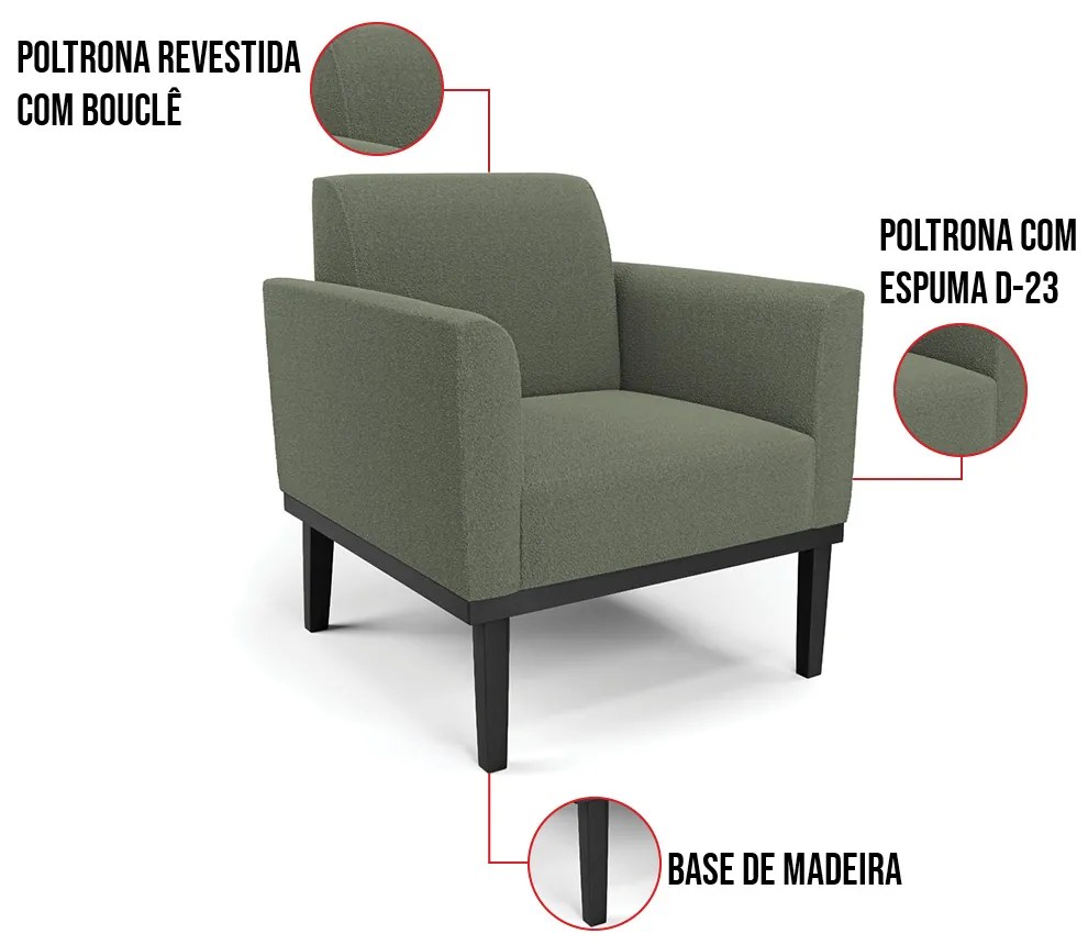 Namoradeira e 2 Poltronas Base Madeira Preto Marisa Bouclê D03 - D'Rossi - Pistache