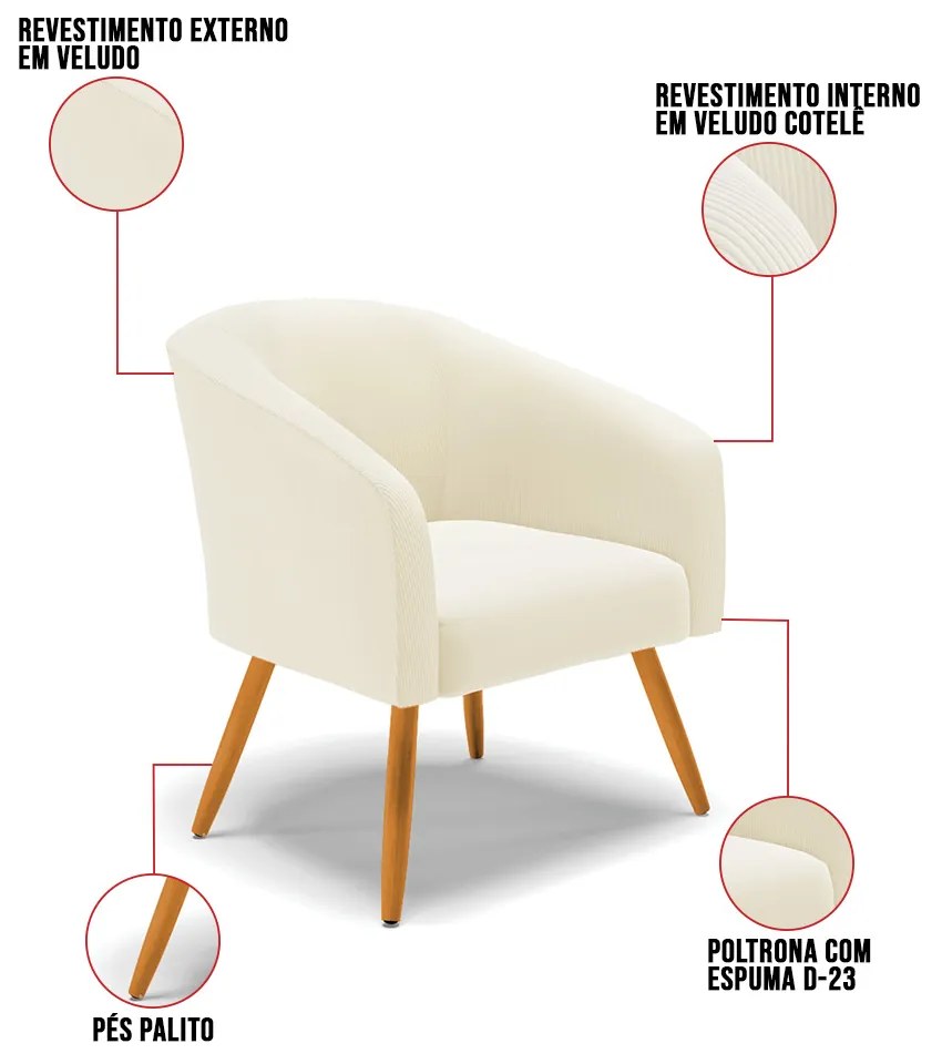 Poltrona Decorativa Pé Palito Castanho Stella Cotelê Int/Veludo Off White D03 - D'Rossi