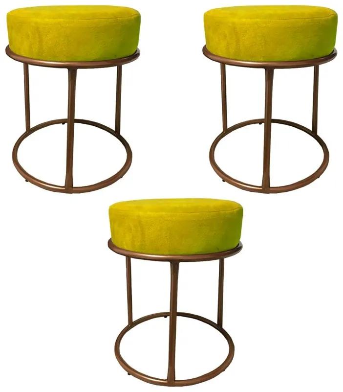 Kit 3 Puffs Decorativos Redondos Luxe Base de Aço Cobre Suede Amarelo - Sheep Estofados - Amarelo