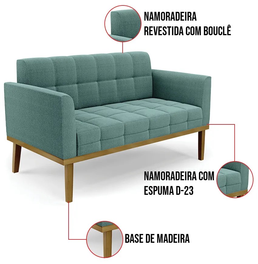 Sofá Namoradeira Base Madeira Fixa Castanho Elisa Bouclê D03 - D'Rossi - Verde Menta