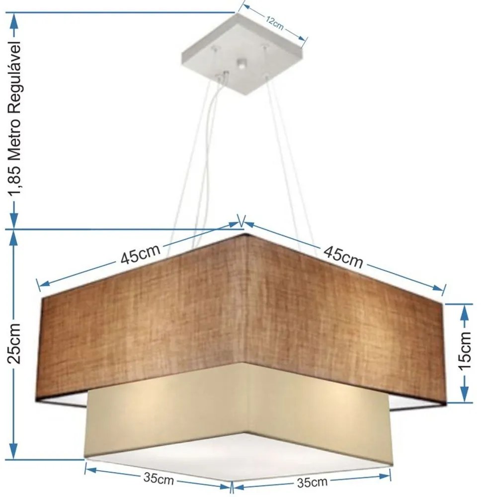 Lustre Pendente Duplo Quadrado Vivare Md-4344 Cúpula em Tecido 45x35cm - Bivolt