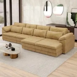 Sofá Retrátil 4 Lugares Para Sala 379cm Dijon Couro Bege S07 - Mpozena