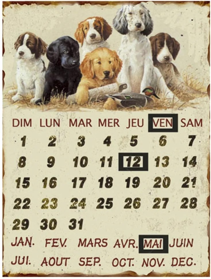 Calendário Placa de Metal Dogs Oldway - 33x25cm
