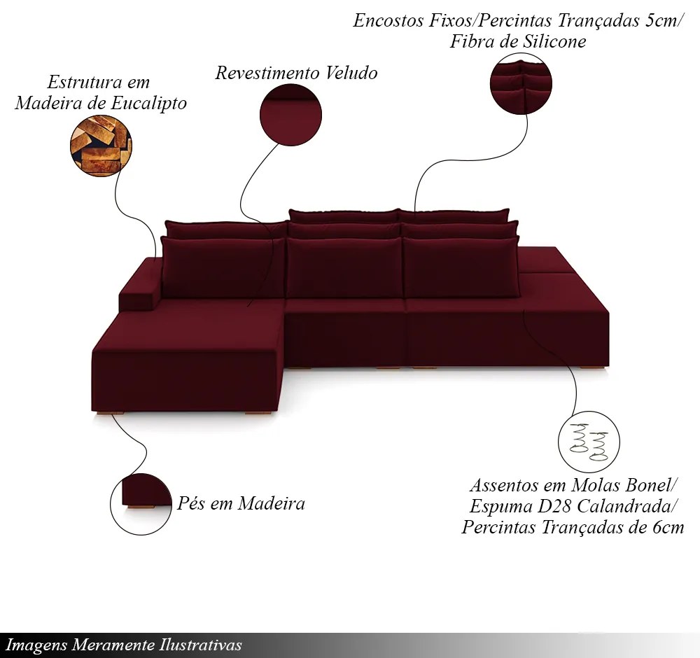 Sofá Ilha com Encosto e Almofadas Delta 355cm Modulado Chaise e Puffs Veludo Bordô G52 - Gran Belo