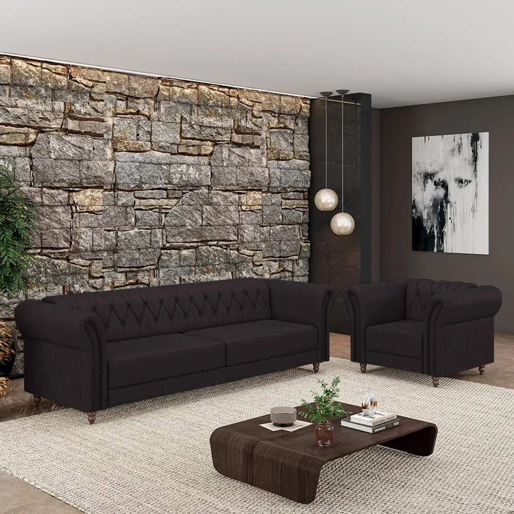 Conjunto Sala de Estar 1 Sofá Living 220cm e 1 Poltrona Stanford Chesterfield Pés Madeira Couro Borgonha G58 - Gran Belo