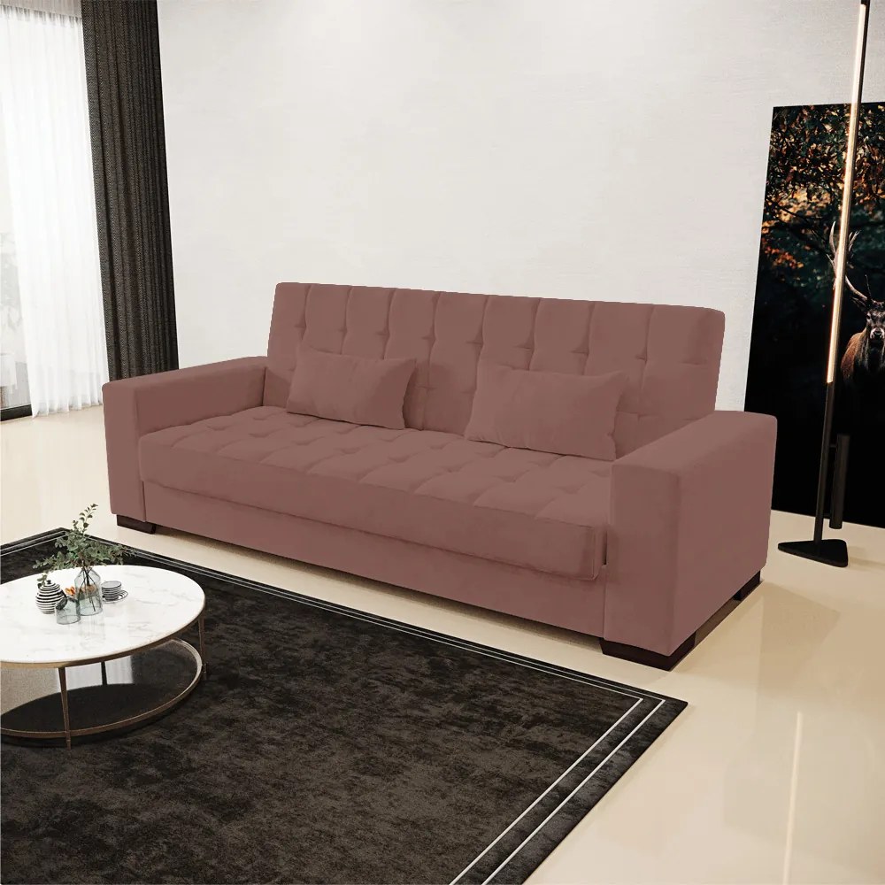 Sofá Cama Casal 3 Lugares 210cm Lisboa Veludo  D03 - D'Rossi - Rose