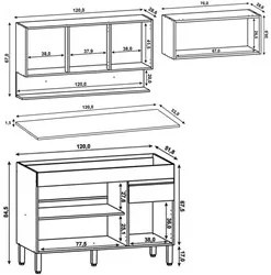 Armário de Cozinha 3 Peças Balcão com Tampo 120cm Lina05 K02 Vanilla/F