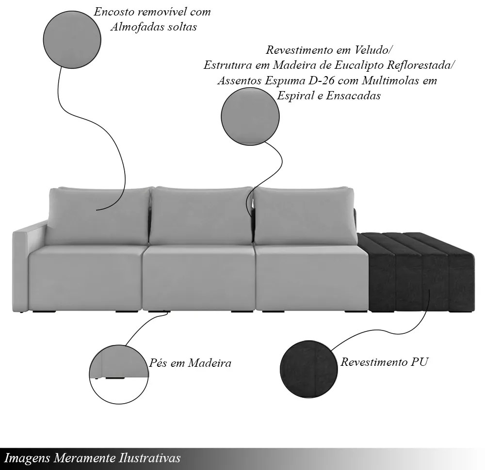 Sofá Ilha Modulado Milos 312cm Puff Lateral Cinza Preto Manchado Veludo/PU G33 - Gran Belo