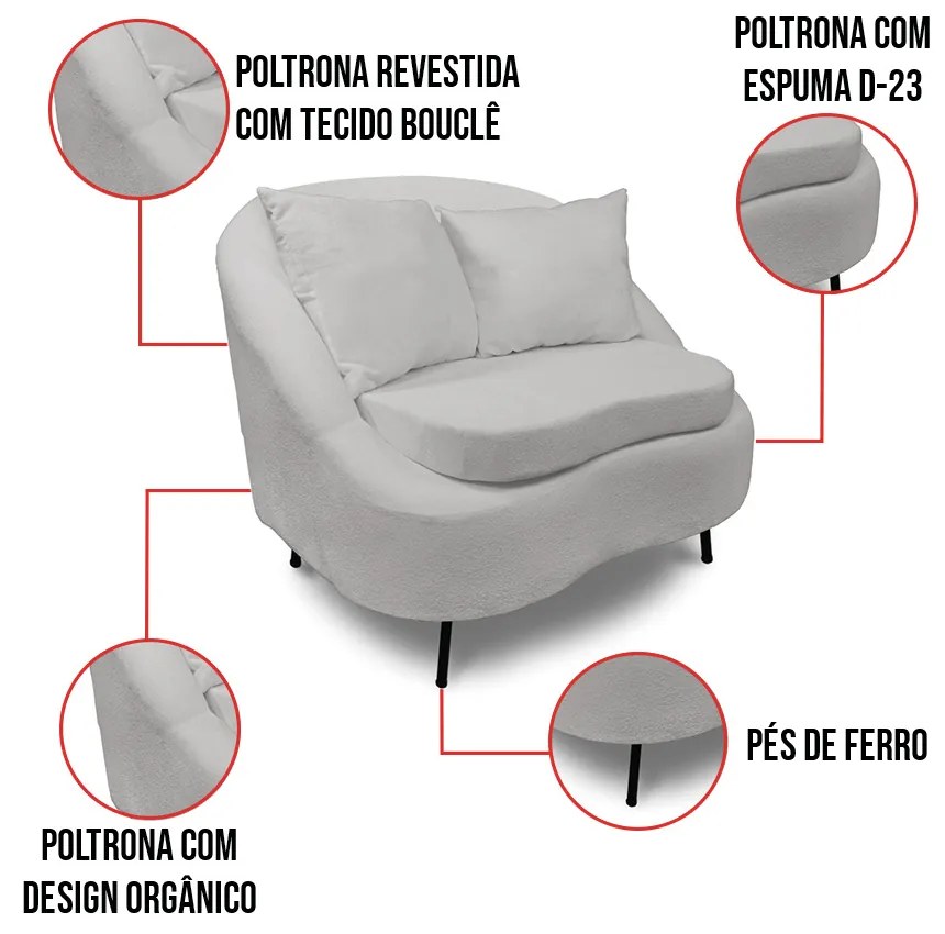 Poltrona Decorativa Orgânica Pé Ferro Pto Kit 2 Zaya Bouclê Cinza C05 - D'Rossi