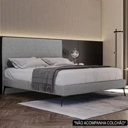 Cama Casal King com Cabeceira 199cm Pés Metálicos Elisa S05 Linho Cinz