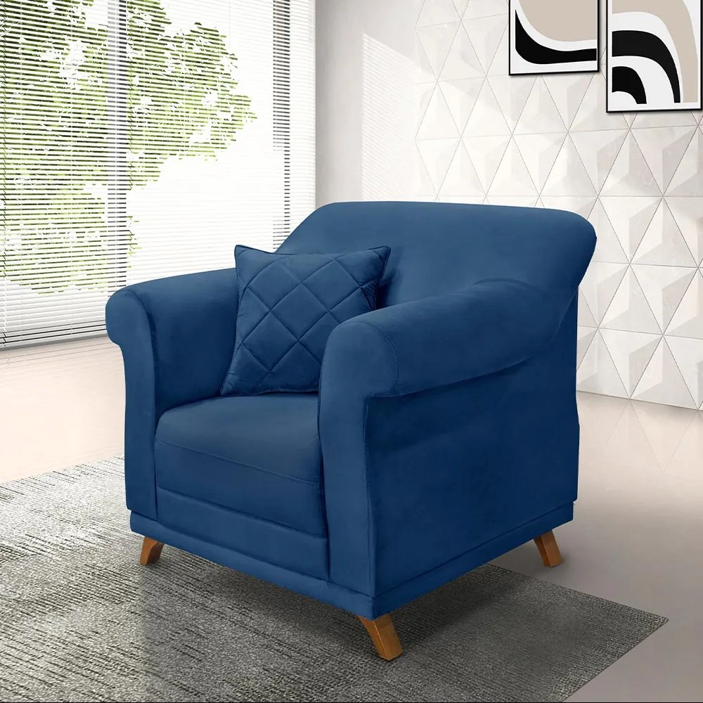 Poltrona Decorativa com 1 Almofada Armstrong Suede Azul Marinho G63 - Gran Belo