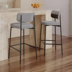 Banqueta Alta Bar Estofada Kit 4 Ella M25 Linho Cinza CL/Marrom - Mpoz