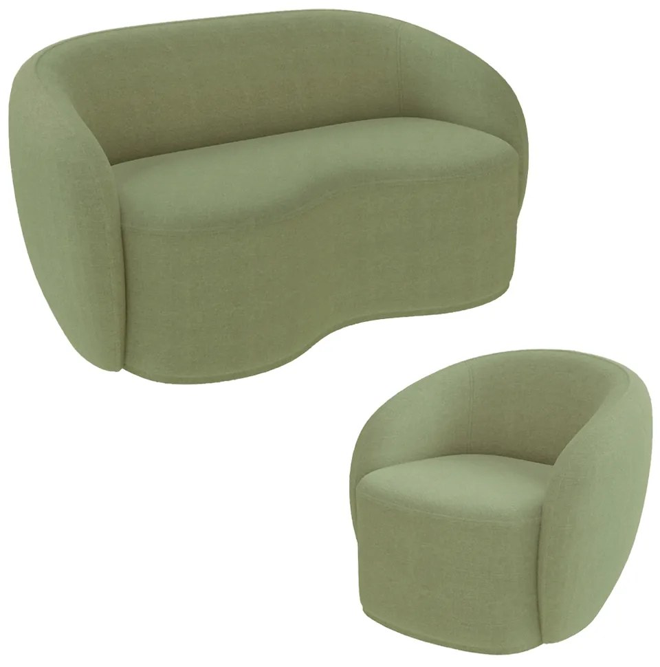 Conjunto 1 Sofá Living 180cm e 1 Poltrona Decorativa Sala de Estar Íbis Encosto Fixo Bouclê  Verde G33 - Gran Belo