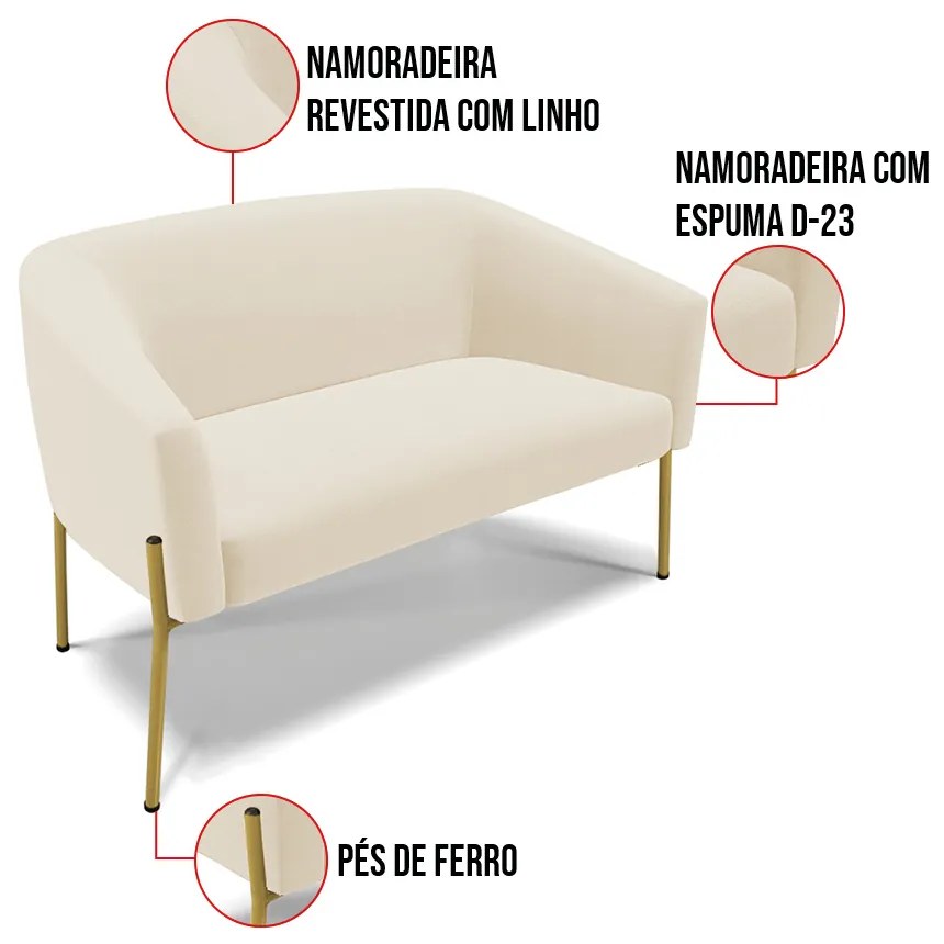 Sofá 2 Lugares Namoradeira Pé de Ferro Dourado Stella Linho D03 - D'Rossi - A19 Bege