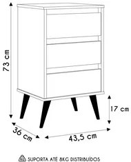 Mesa de Cabeceira Pés Retrô 3 Gavetas 43cm Wood Branco - EJ Móveis