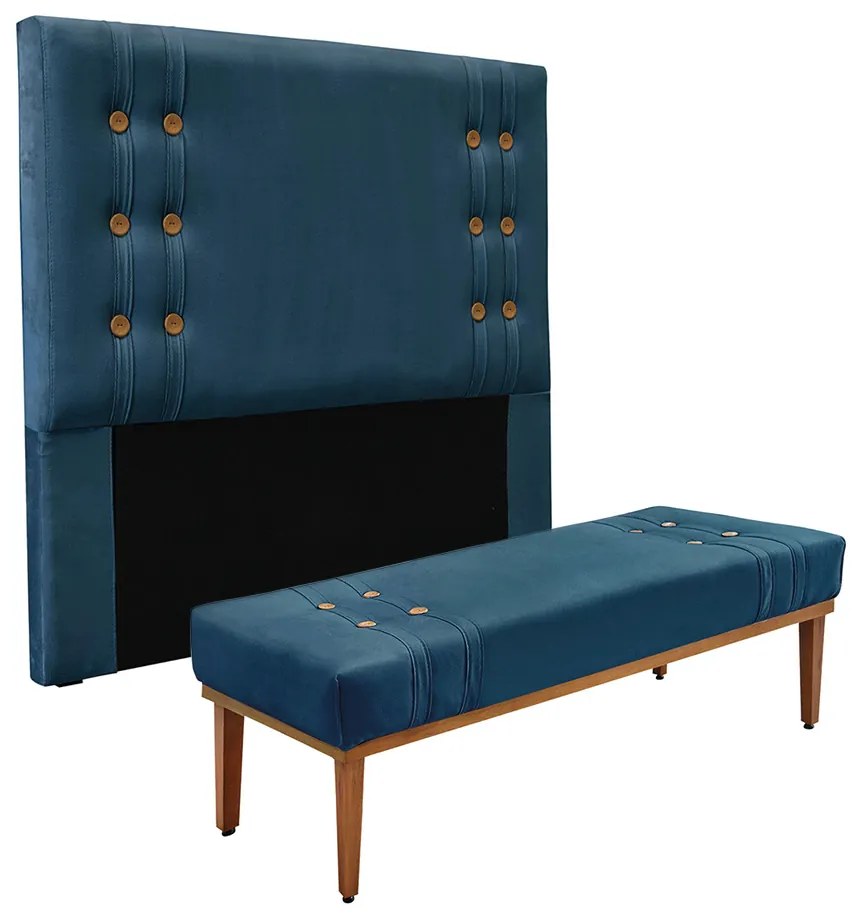 Cabeceira Cama Box Queen 160cm e Recamier Gênova Veludo S04 - D'Rossi - Azul Marinho