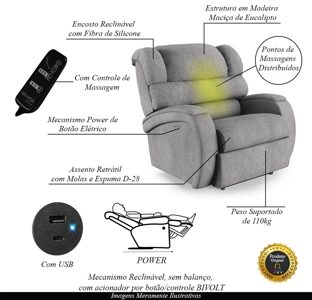 Poltrona do Papai Reclinável Napoli Power Touch Massagem Linho Cinza FH1 - D'Rossi