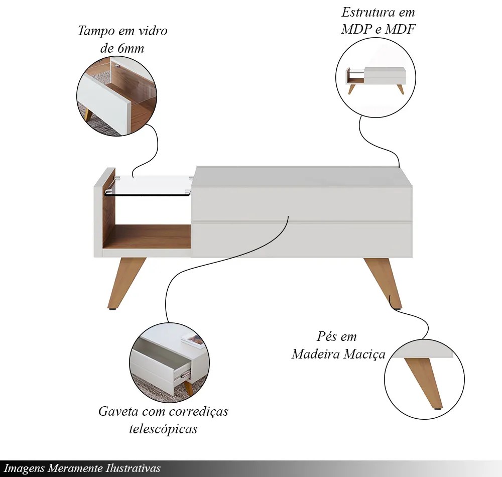 Mesa de Centro Sancho para Sala de Estar Versátil Tampo em vidro 6mm e pés em madeira Off White/Freijó