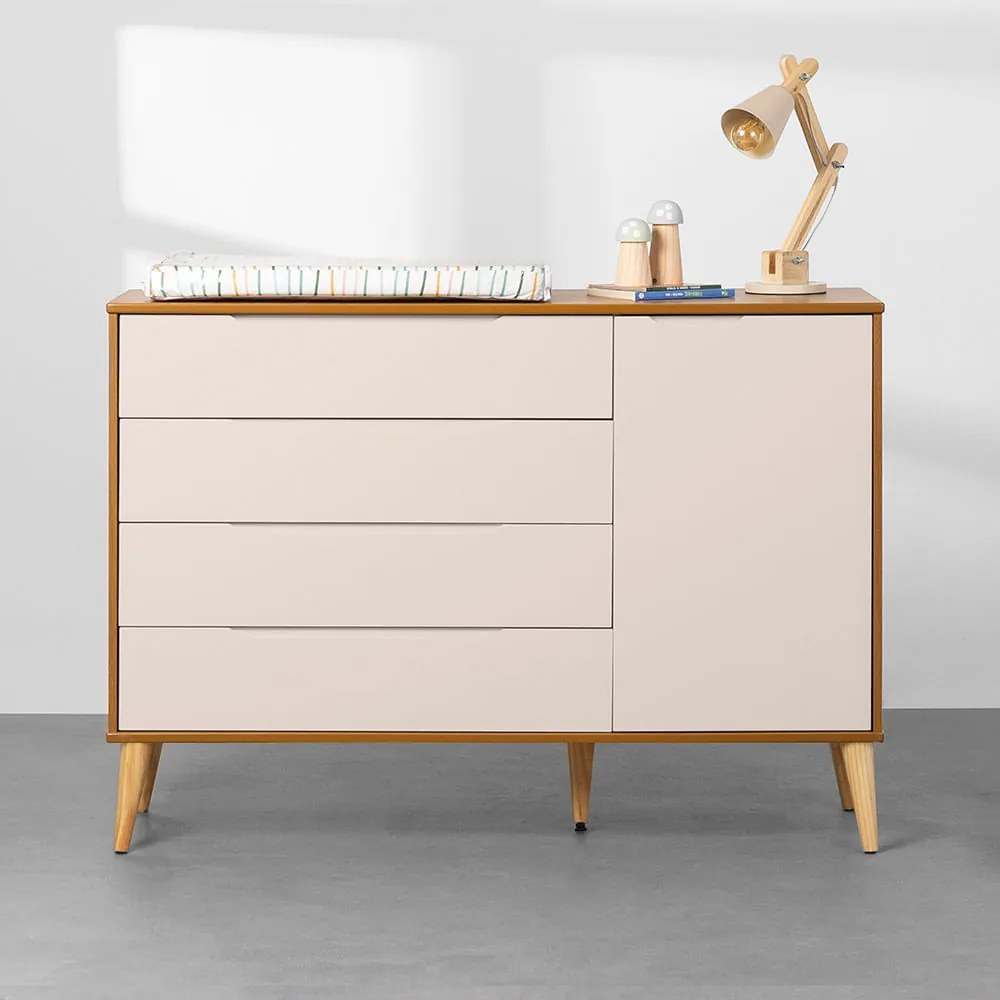 Cômoda Elfe 4 Gavetas e 1 Porta com Pés Retrô Natural – Areia Fosco e Savana