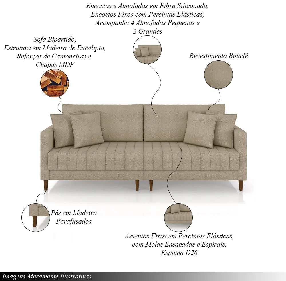 Sofá Living Decorativo Hamburgo Bipartido 2 Lugares 216cm com Almofadas Pés em Madeira Bouclê Bege G33 - Gran Belo