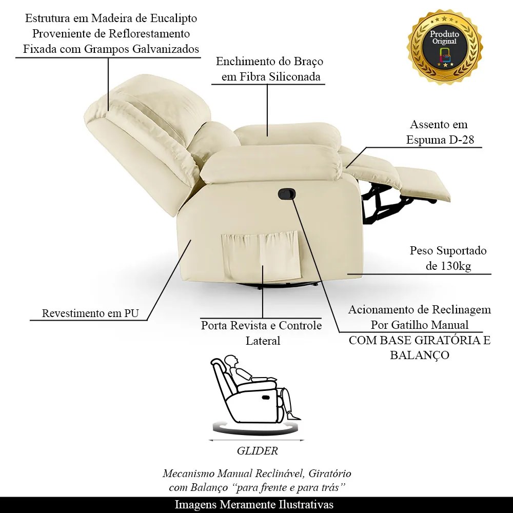 Poltrona do Papai Reclinável Melim Glider Giratória Massagem PU Bege FH1 - D'Rossi