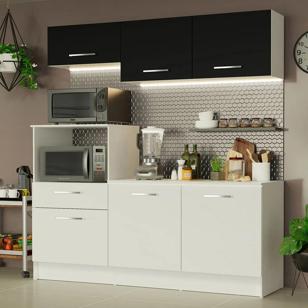 Cozinha Compacta Madesa Onix 180001 com Armário e Balcão Branco/Preto 0973 Cor:Branco/Preto