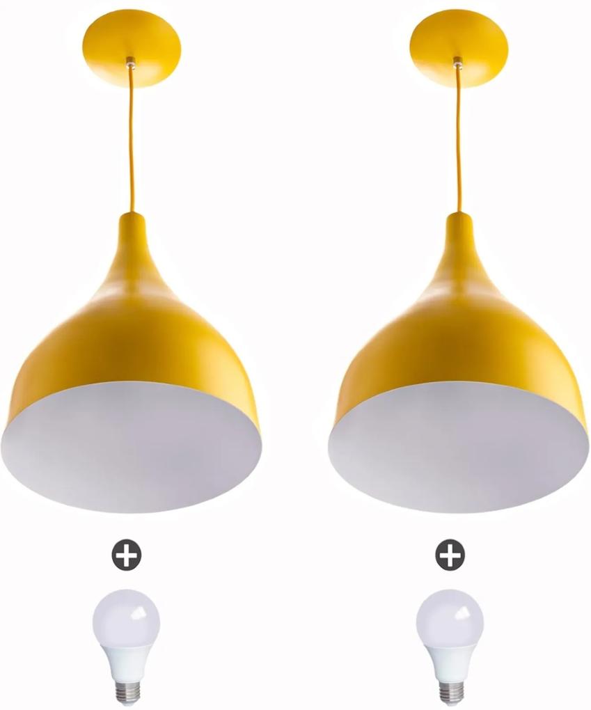 2 Lustres Pendente Gota Pequena Alumínio 21cm Amarelo + Lamp