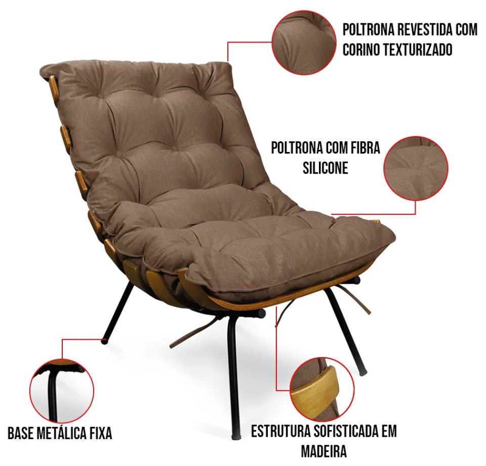 Poltrona Costela Base Fixa Preta Sala de Estar Corino Text Marrom S01 - D'Rossi