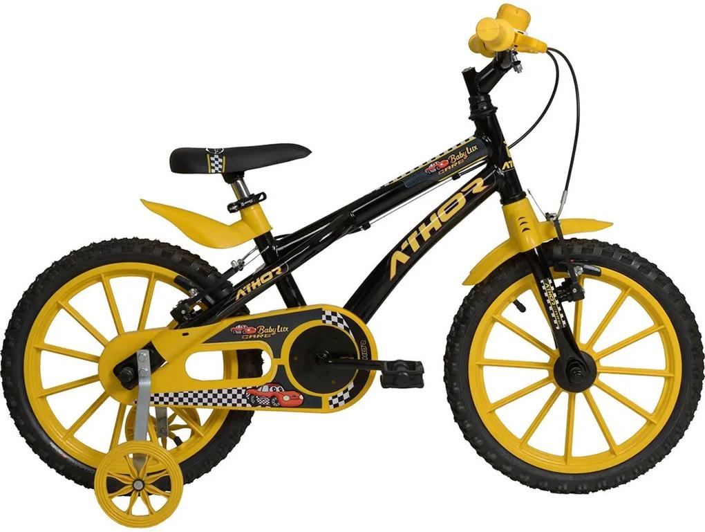 Bicicleta Top Aro 16 Baby Lux Cars Preta/Amarela Athor Bikes