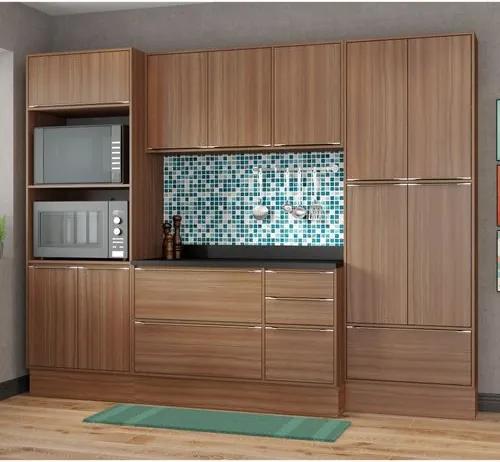 Cozinha Compacta Calábria com Paneleiro, Aéreo e Balcão - Nogueira