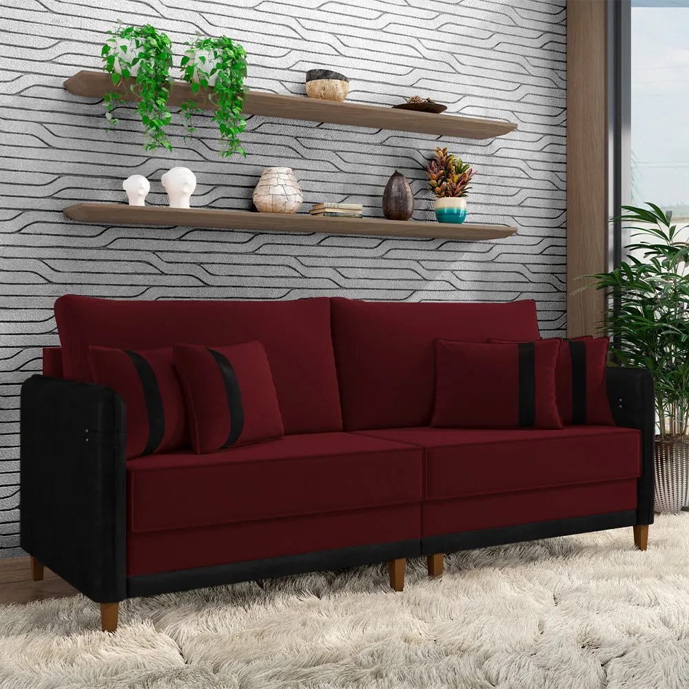 Sofá Living Montecarlo 3 Lugares Bipartido 252cm Pés em Madeira Veludo/PU Bordô/Preto G33 - Gran Belo