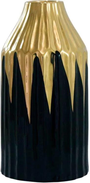 Vaso Decorativo Preto com Detalhes em Dourado - 27x14x14cm