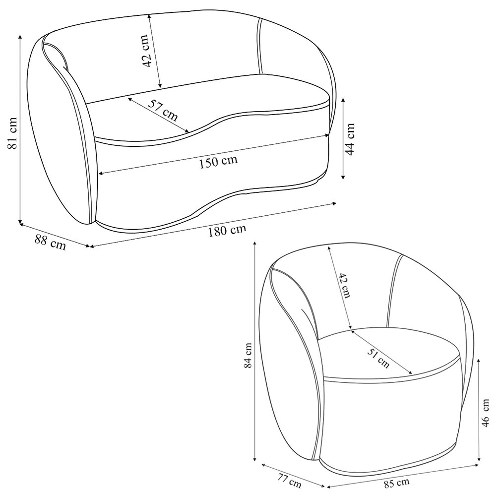 Conjunto 1 Sofá Living 180cm e 1 Poltrona Decorativa Sala de Estar Íbis Encosto Fixo Bouclê Off White G33 - Gran Belo