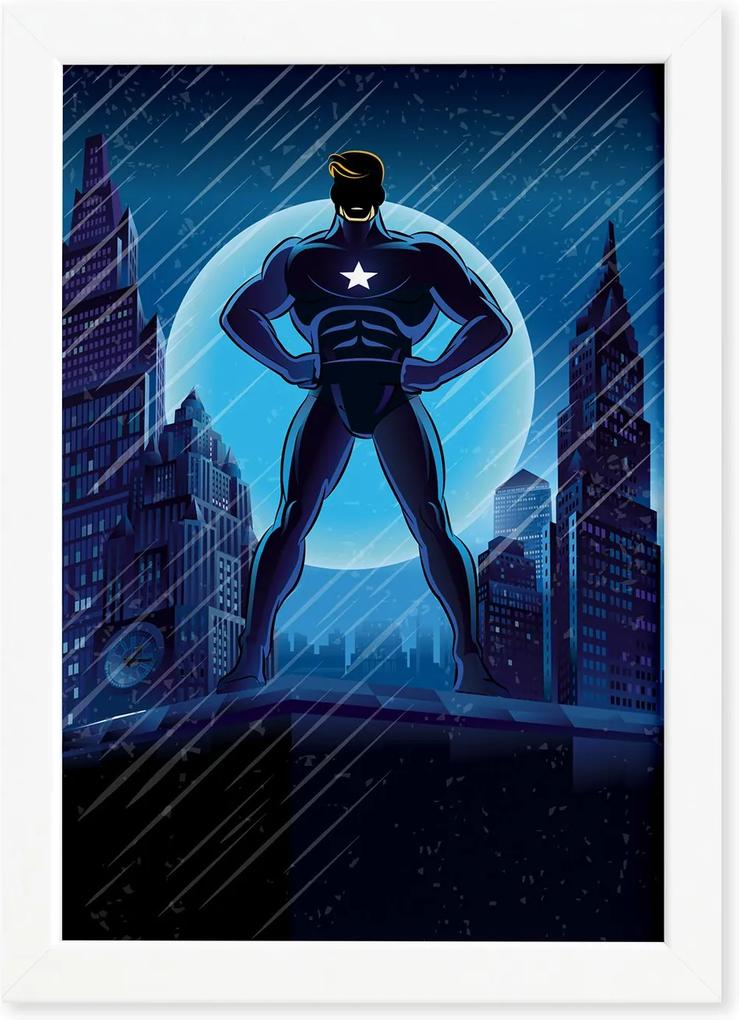 Quadro Super Heróis Geek Azul Estrela Moldura Branca 33x43cm