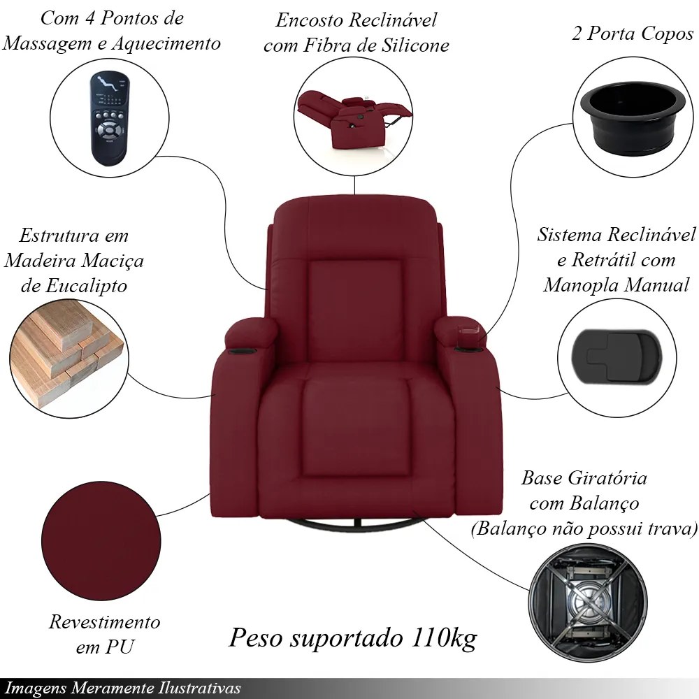 Poltrona do Papai Reclinável Giratória e Balanço Sala de Cinema Crihs com Massagem e Aquecimento PU Vermelho G23 - Gran Belo