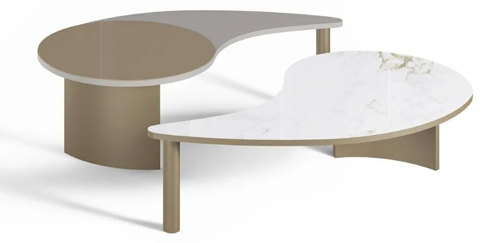 Mesa de Centro Stilla Design Orgânico Conjunto Tampo Vidro e Tampo com Acabamento Melamínico Detalhe Redondo em Vidro Base Tubular e Chapa Metálica