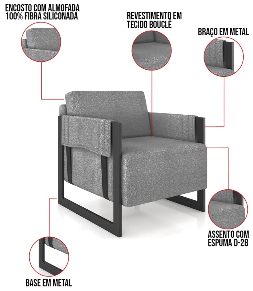 Poltrona Decorativa Base Industrial Rory Bouclê Cinza K01 - D'Rossi