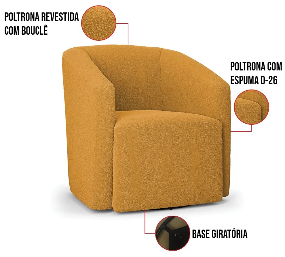 Poltrona Sala de Estar Base Giratória Stella Max Bouclê D03 - D'Rossi - Mostarda