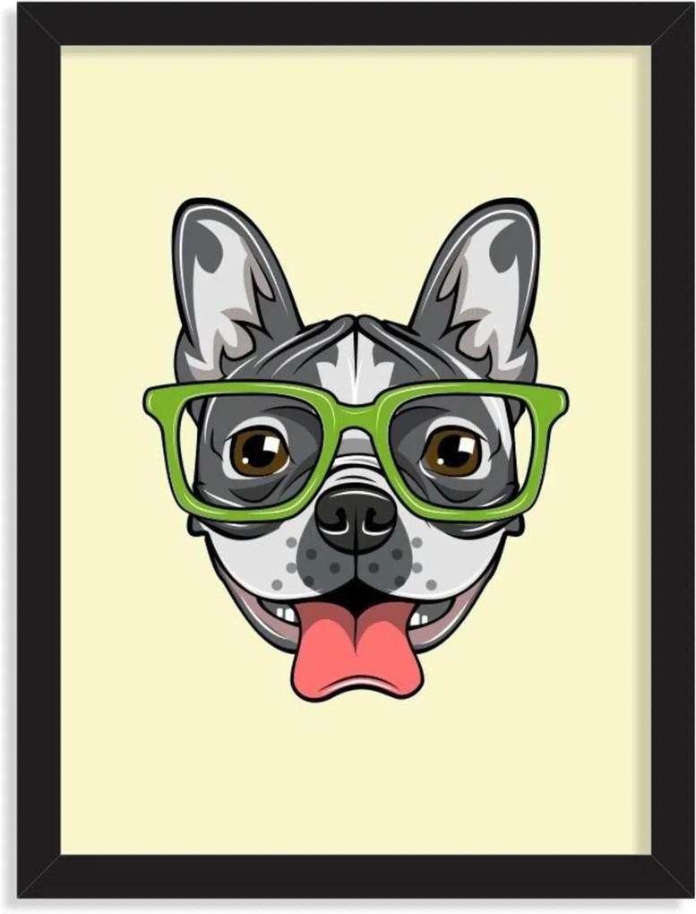 Quadro Decorativo Bulldog Francês com Óculos Verde Preto - Grande