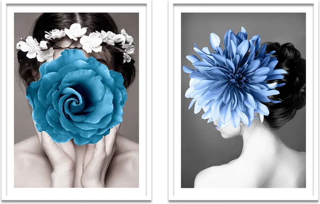 Quadro 67x100cm Kelda Mulher com Flores Azuis Nórdico Moldura Branca Sem Vidro