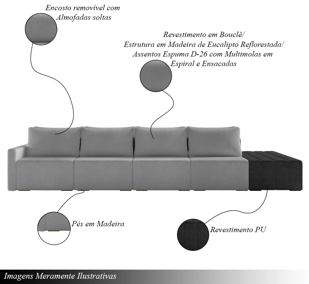 Sofá Ilha Modulado Milos 392cm Puff Lateral Cinza Escuro Preto Manchado Bouclê/PU G33 - Gran Belo