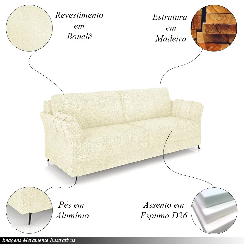 Conjunto Poltrona e Sofá Decorativo Violet 2 Lugares 164cm Pés em Alumínio Preto Bouclê Off White G45 - Gran Belo