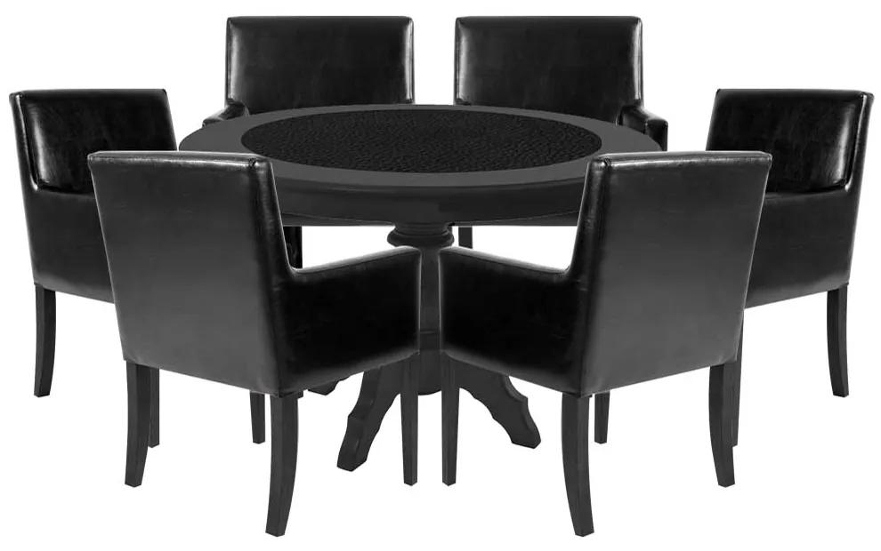 Mesa de Jogos Carteado Montreal Redonda Tampo Reversível Preto com 6 Cadeiras PU Sintético Preto Liso G36 G15 - Gran Belo