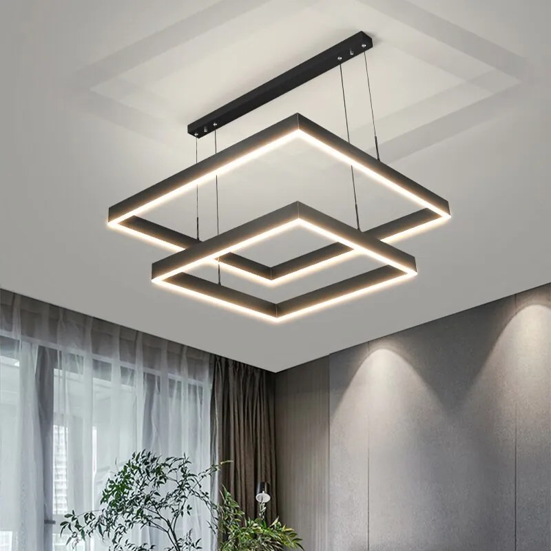 Pendente  Led moderno lustre de teto sala estar concisa pendente lâmpada sala jantar quadrado nordic lâmpadas led teto luzes da sala estar - Black B 40x60cm - Branco frio sem controle remoto