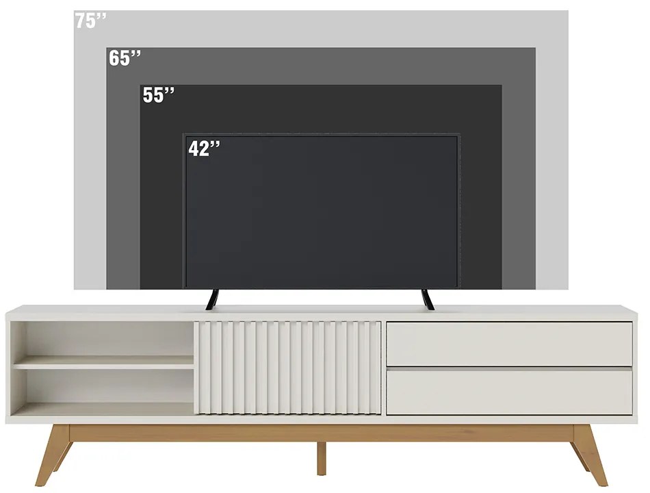 Bancada TV Sala de Estar Genebra portas ripadas duas gavetas pés em madeira Off White G73 - Gran Belo