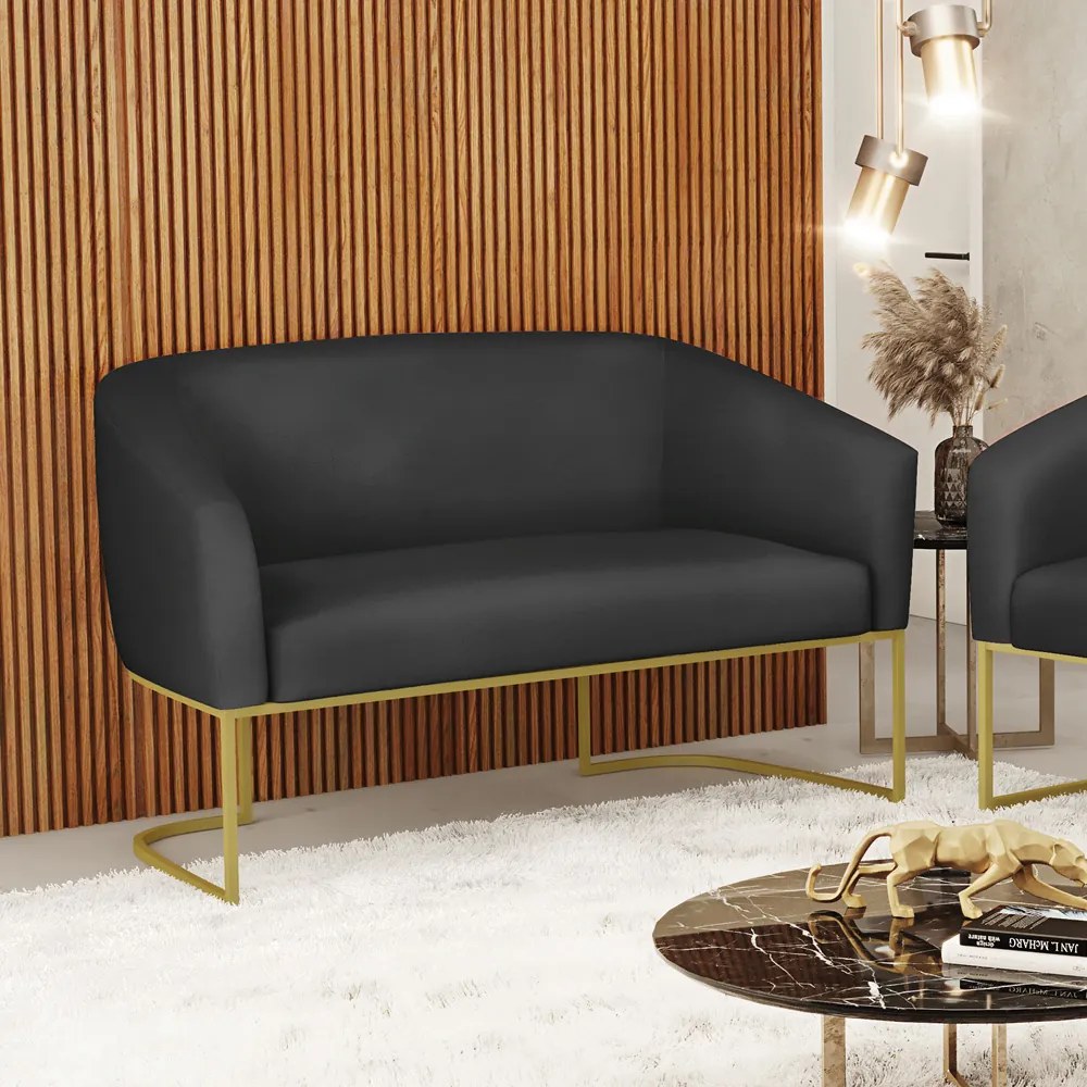 Sofá 2 Lugares Namoradeira Industrial Dourado Stella Sintético D03 - D'Rossi - Preto