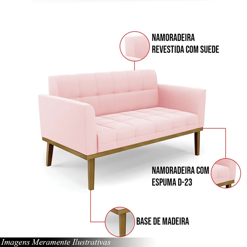 Poltrona Namoradeira Decorativa Karen Pés Fixo em Madeira Castanho Suede Rosa Bebê G19 - Gran Belo