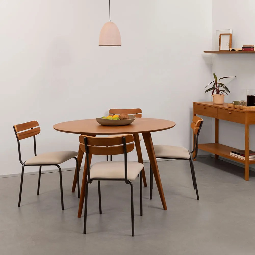 Conjunto Mesa de Jantar Square Laminada Redonda Natural - 1,18m + 4 Cadeiras Ribs Sarja - Deserto
