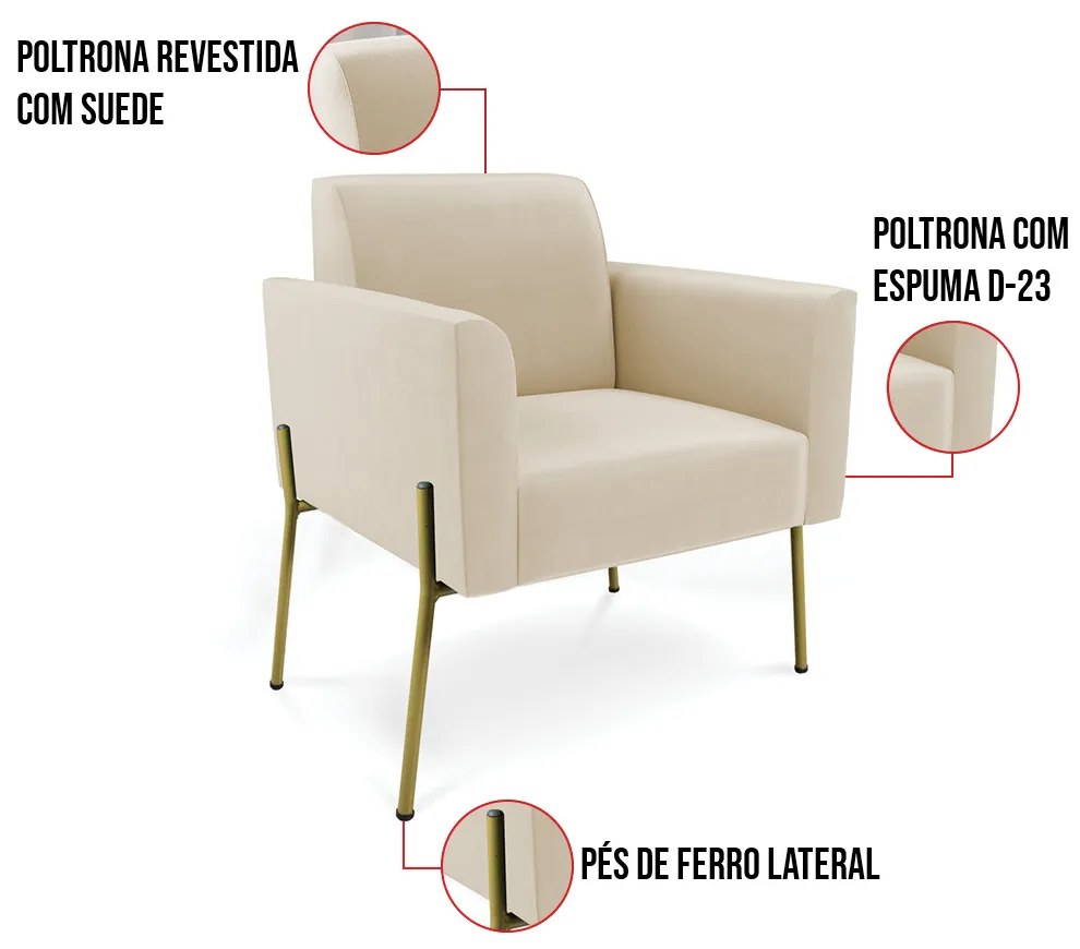 Poltrona Pé de Ferro Dourado Decorativa Marisa Suede D03 - D'Rossi - Bege