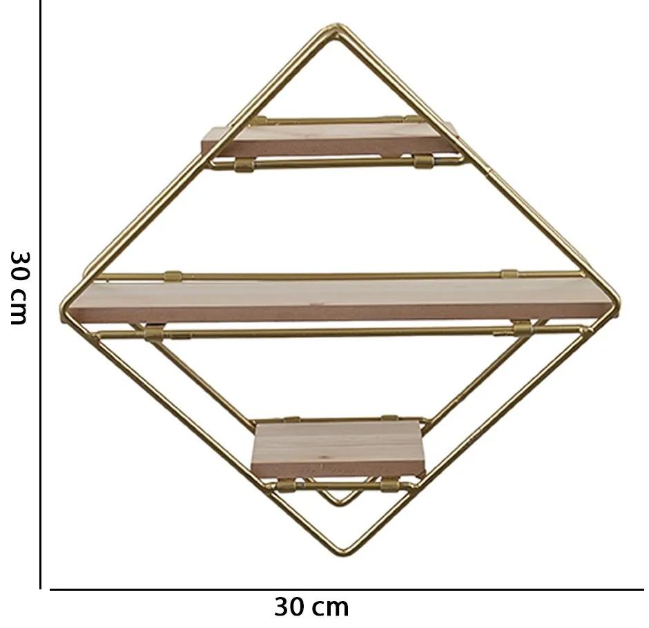 Estante Decorativa Geométrica Metálica com Suportes de Madeira Dourado com Marrom  30X30X10 cm D'Rossi